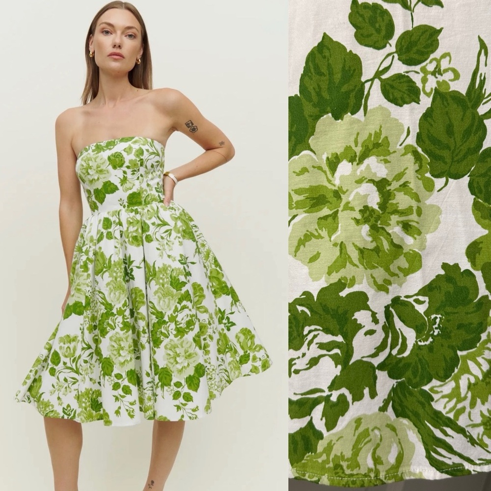 Reformation Buttercup Strapless Dress in Rialto Green White Floral 12
